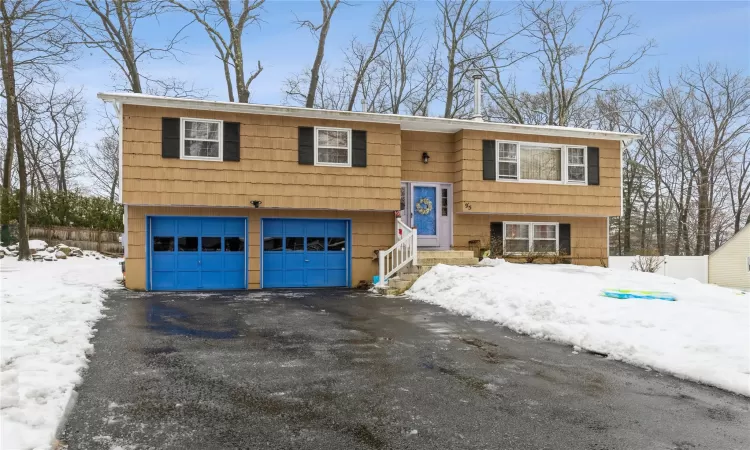 Split foyer home with driveway, a garage, and entry steps