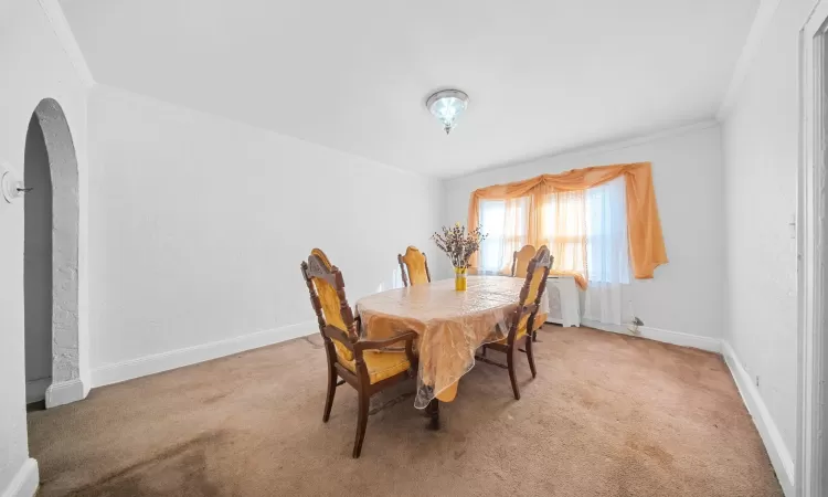 Carpeted dining area with crown molding