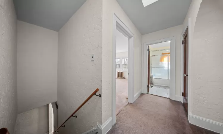 Hallway with radiator, a skylight, and carpet flooring