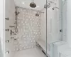 Full bathroom with recessed lighting, tiled shower, and tile patterned floors