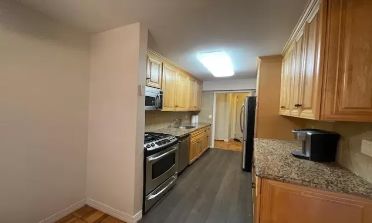 Kitchen with baseboards, decorative backsplash, light stone counters, stainless steel appliances, and a sink