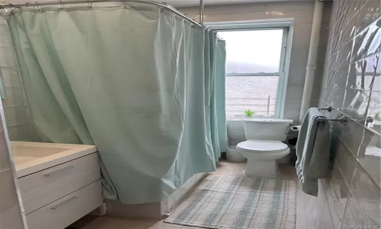 Full bathroom featuring tile walls, toilet, and vanity