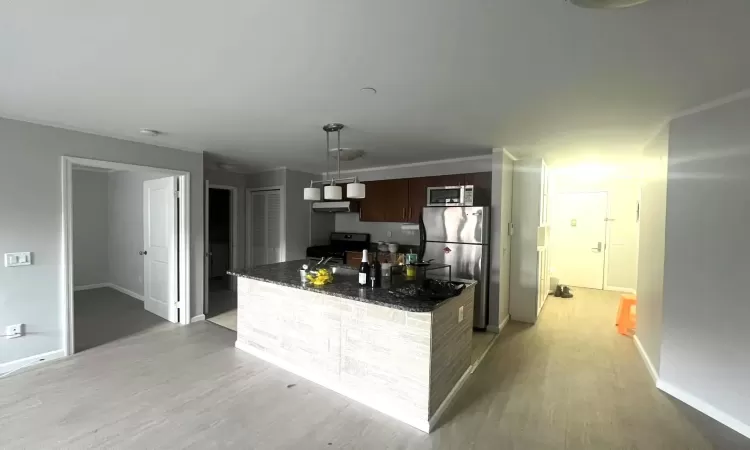 Kitchen featuring light wood-style floors, baseboards, appliances with stainless steel finishes, and extractor fan