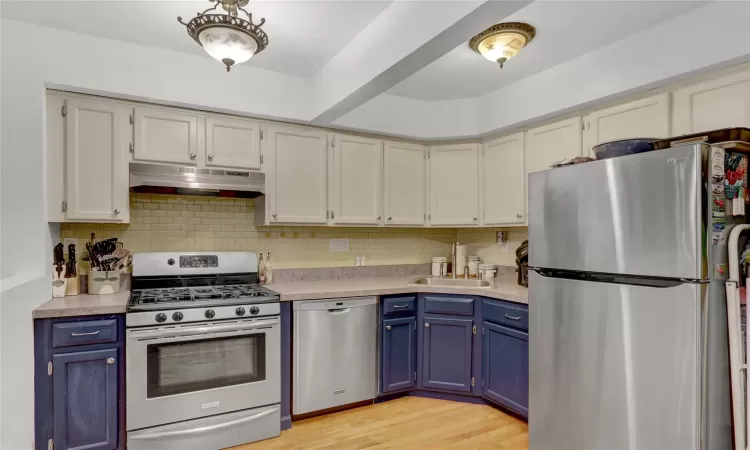 Kitchen featuring blue cabinetry, stainless steel appliances, light countertops, a sink, and under cabinet range hood