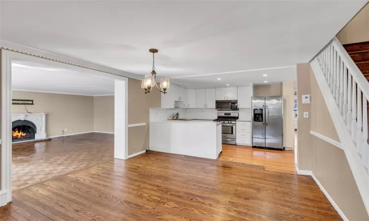 Kitchen with stainless steel appliances, a peninsula, a premium fireplace, wood finished floors, and open floor plan