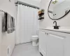 Full bath featuring visible vents, vanity, and toilet