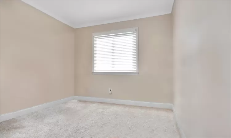 Carpeted spare room featuring ornamental molding and baseboards