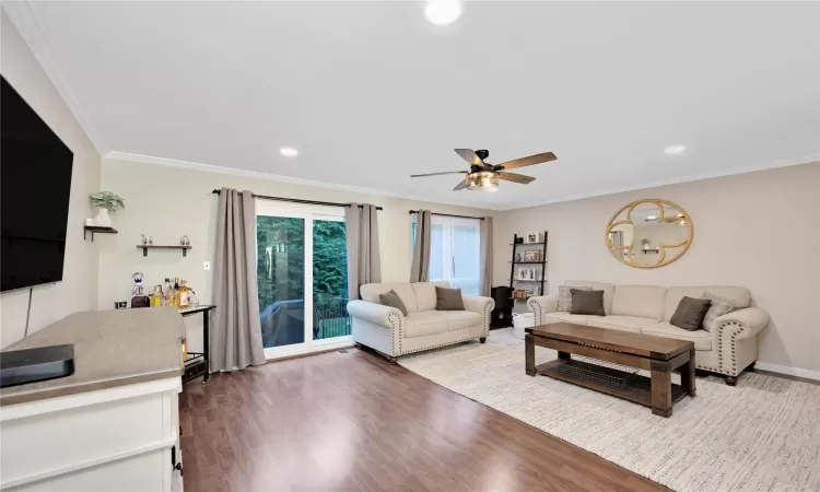 Living area featuring crown molding, wood finished floors, and recessed lighting