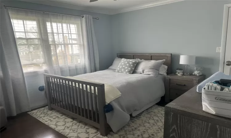 Bedroom with ornamental molding and wood finished floors