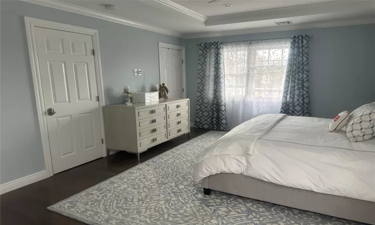 Bedroom with dark wood-style floors, a tray ceiling, visible vents, ornamental molding, and baseboards