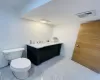 Bathroom with toilet, visible vents, and vanity