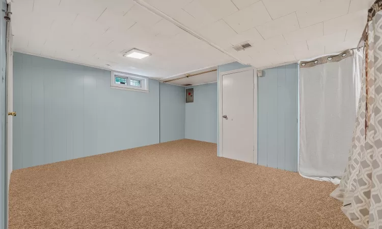 Below grade area featuring carpet floors and visible vents