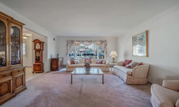 Carpeted living room featuring ornamental molding and visible vents