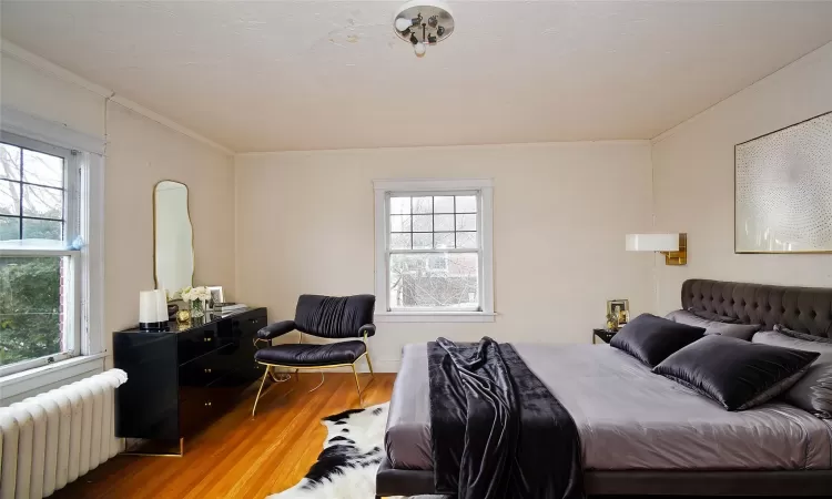 Bedroom featuring radiator heating unit, multiple windows, ornamental molding, and wood finished floors