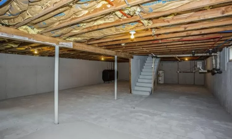 Unfinished basement with water heater and heating fuel