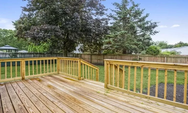 Deck featuring a fenced backyard and a lawn