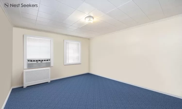 Empty room with dark colored carpet, baseboards, ornamental molding, and radiator heating unit