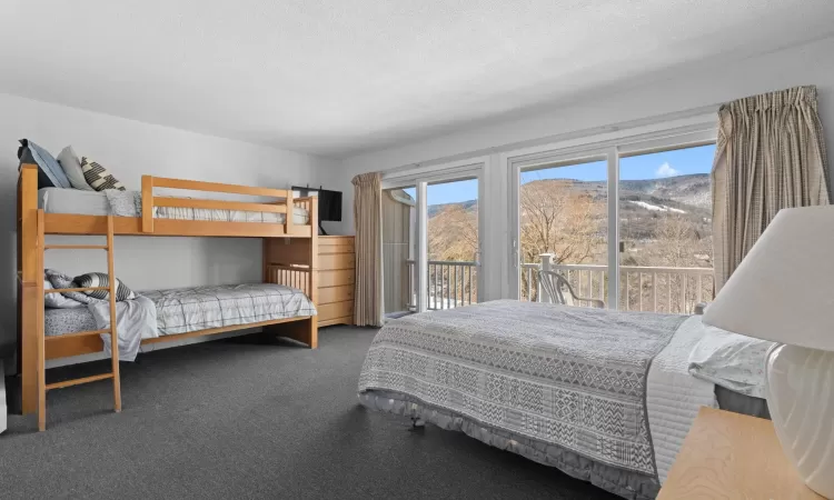 Carpeted bedroom with access to exterior, a mountain view, and a textured ceiling