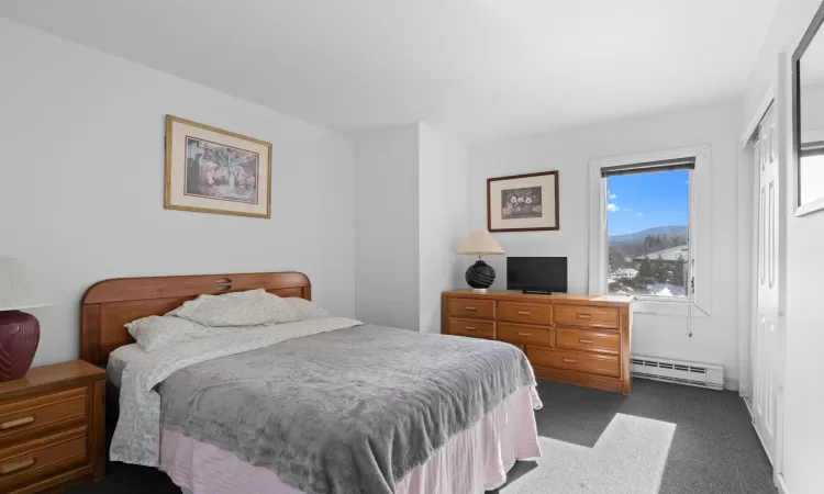 Bedroom featuring a baseboard heating unit and dark colored carpet