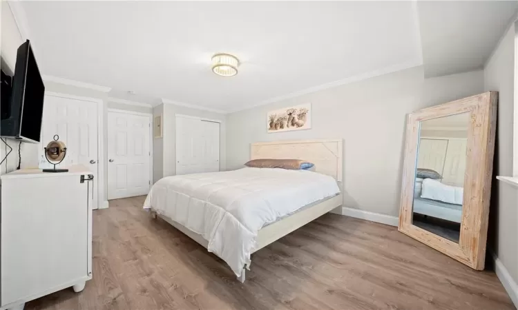 Bedroom with a closet, light hardwood / wood-style flooring, and ornamental molding