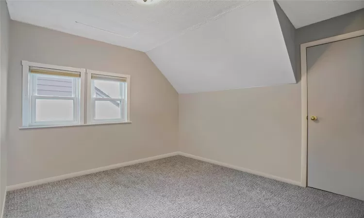 Additional living space with vaulted ceiling, carpet flooring, and baseboards