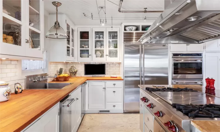 Deep Stainless Sink with swivel spout, television mounted to backsplash, Sub Zero Stainless Refrigerator / Freezer