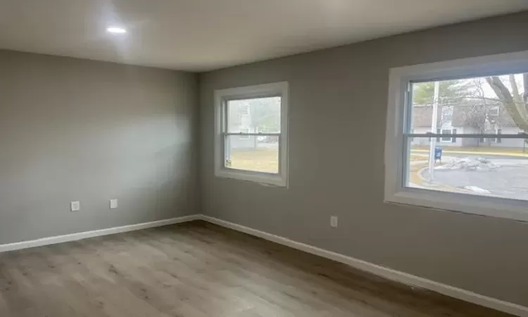 Spare room featuring a healthy amount of sunlight, baseboards, and wood finished floors