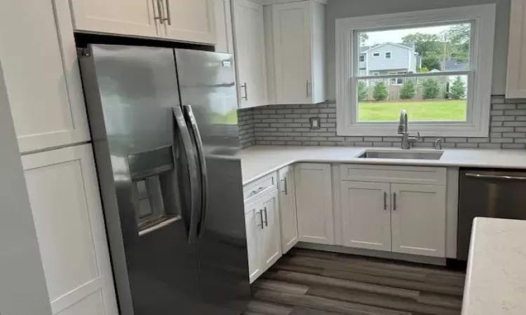 Kitchen featuring stainless steel appliances, white cabinetry, a sink, and dark wood-type flooring