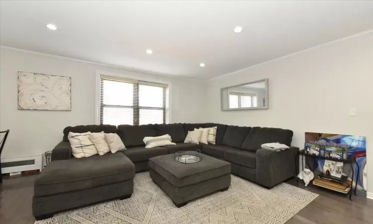 Living room featuring baseboards, recessed lighting, wood finished floors, and crown molding