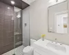 Full bath with a shower stall, toilet, and vanity