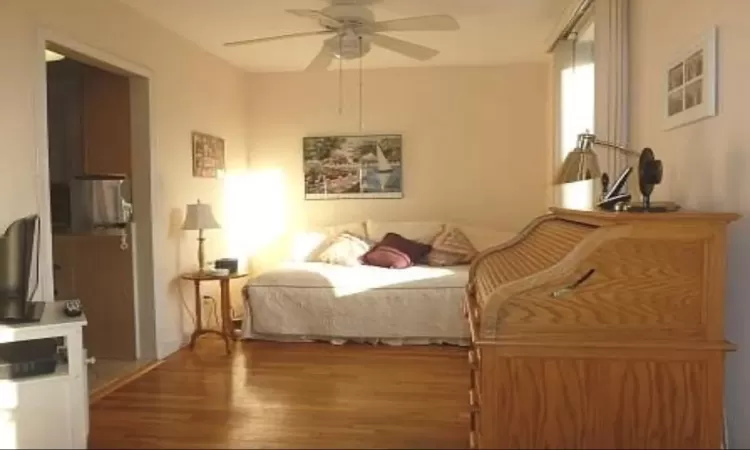 Bedroom with ceiling fan and wood finished floors