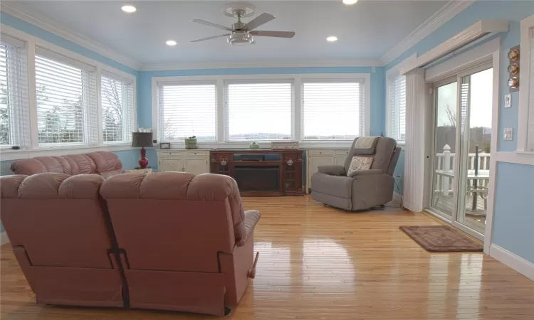 Living room featuring a ceiling fan, light wood-type flooring, a fireplace, and crown molding