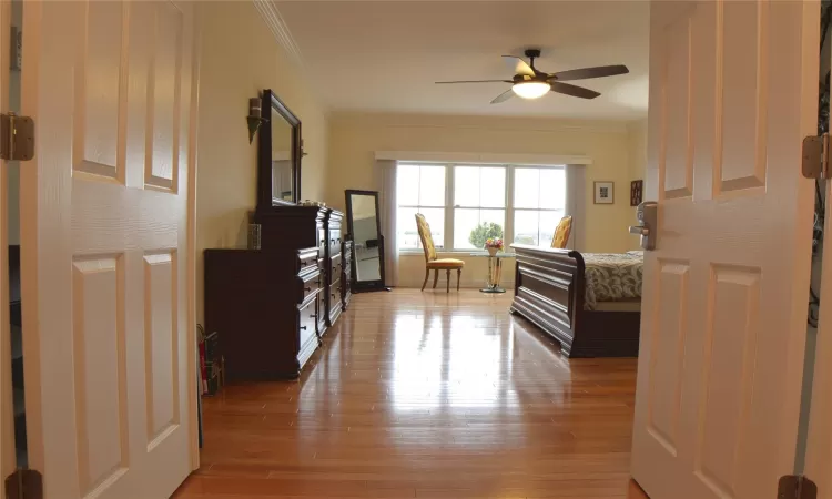 Bedroom with light wood finished floors, baseboards, ornamental molding, and ceiling fan