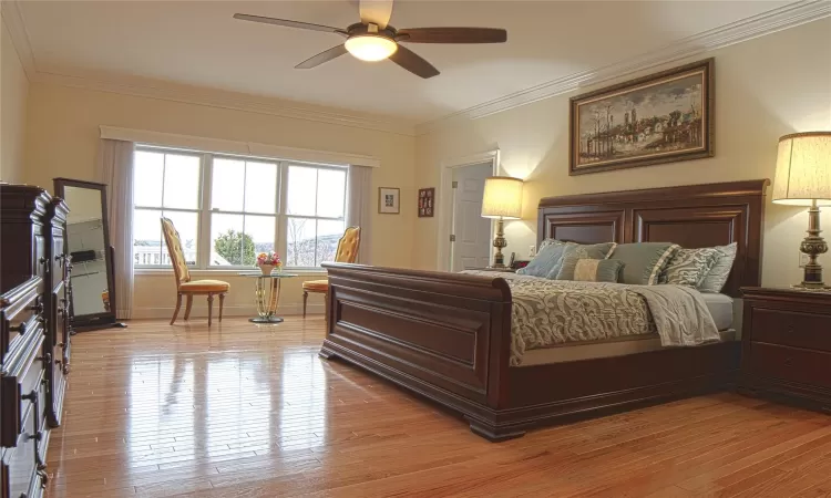 Bedroom featuring a ceiling fan, light wood-style flooring, baseboards, and crown molding