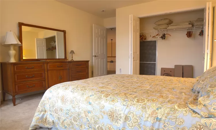 Bedroom featuring light carpet, a spacious closet, and a closet