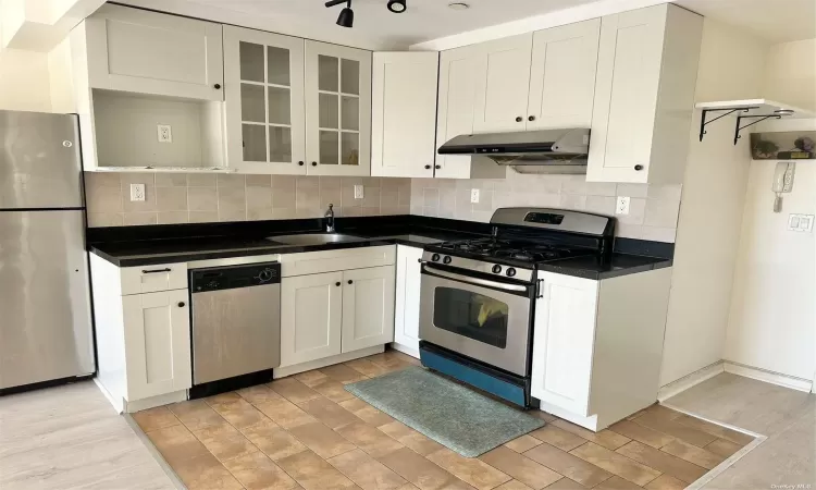 Kitchen featuring appliances with stainless steel finishes, dark countertops, a sink, and under cabinet range hood