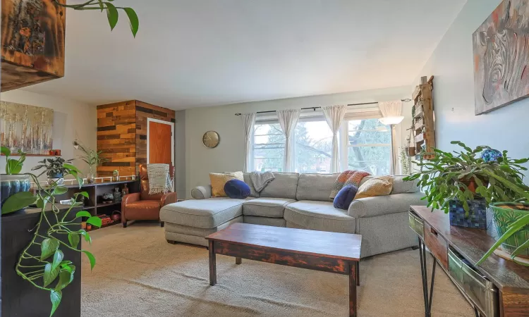 Living area with carpet floors