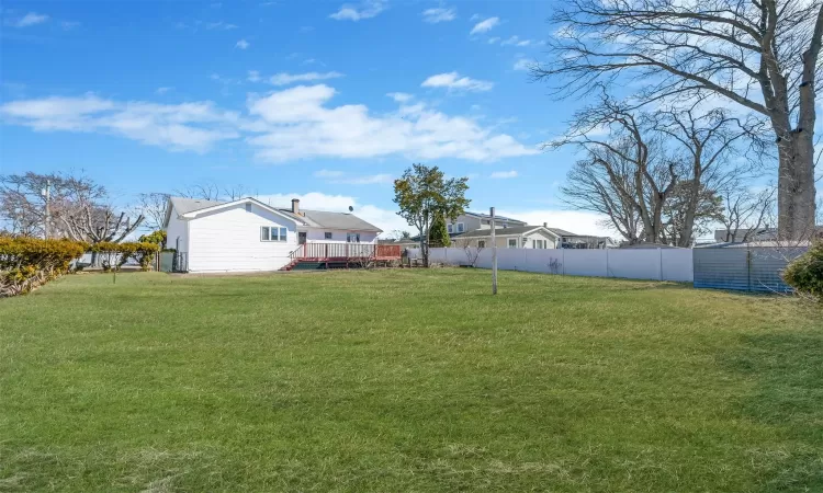 View of yard with a fenced backyard and a wooden deck