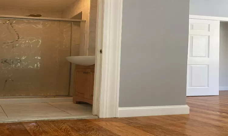 Bathroom featuring baseboards, wood finished floors, a stall shower, and vanity