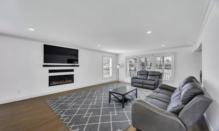 Living area featuring baseboards, dark wood-type flooring, a glass covered fireplace, and crown molding