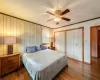 Dining area with light tile patterned floors, baseboards, a ceiling fan, and recessed lighting