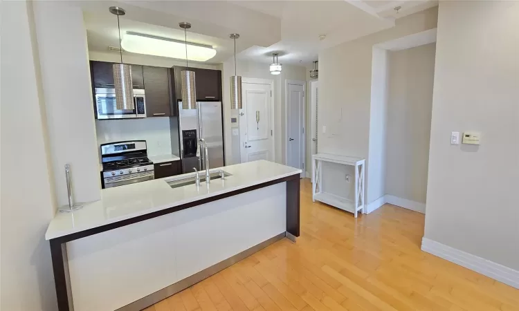 Kitchen with light wood-style flooring, stainless steel appliances, a peninsula, a sink, and baseboards