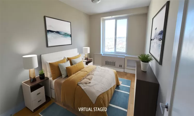 AI-Bedroom with baseboards, visible vents, and wood finished floors