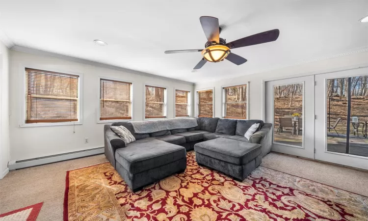 Carpeted living room with crown molding, a ceiling fan, and a baseboard radiator