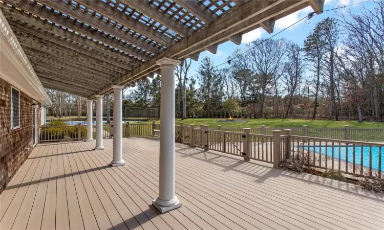 Deck featuring a lawn, a pergola, and a fenced in pool