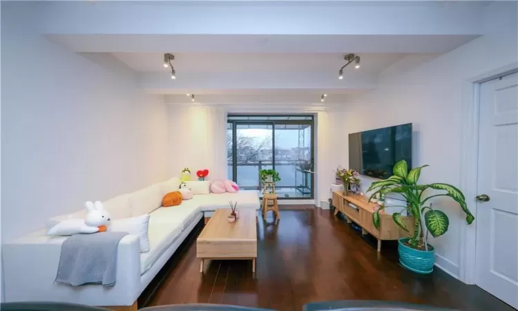 Living area with wood finished floors and rail lighting