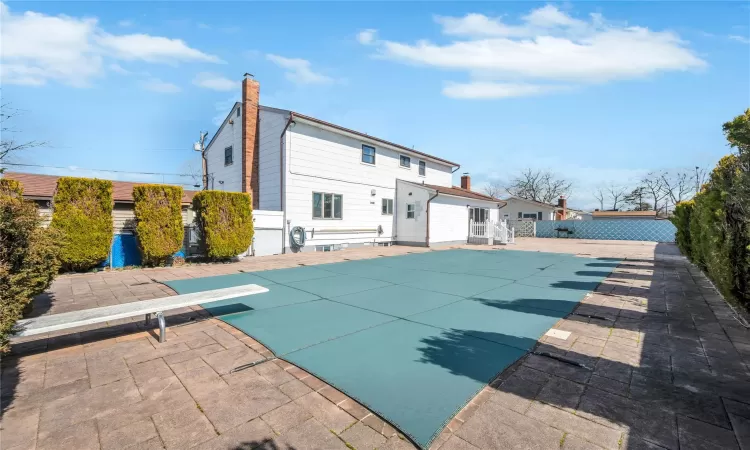 View of swimming pool featuring a fenced in pool, a patio, and fence