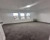 Empty room featuring radiator heating unit, baseboards, and dark colored carpet