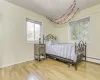 Bedroom with baseboards, multiple windows, and wood finished floors