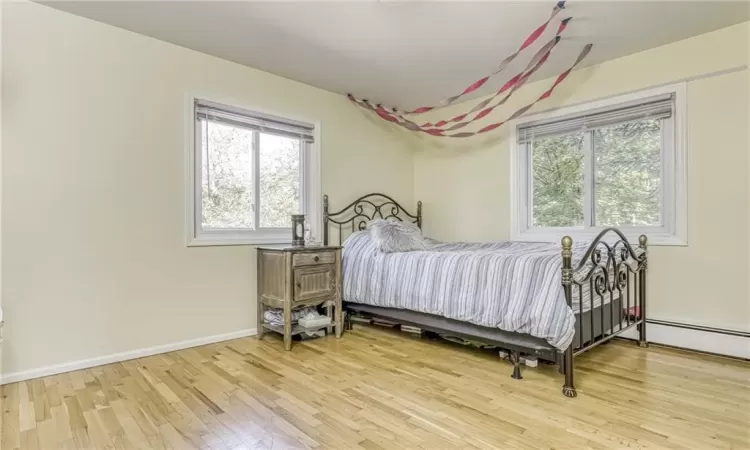 Bedroom with baseboards, multiple windows, and wood finished floors